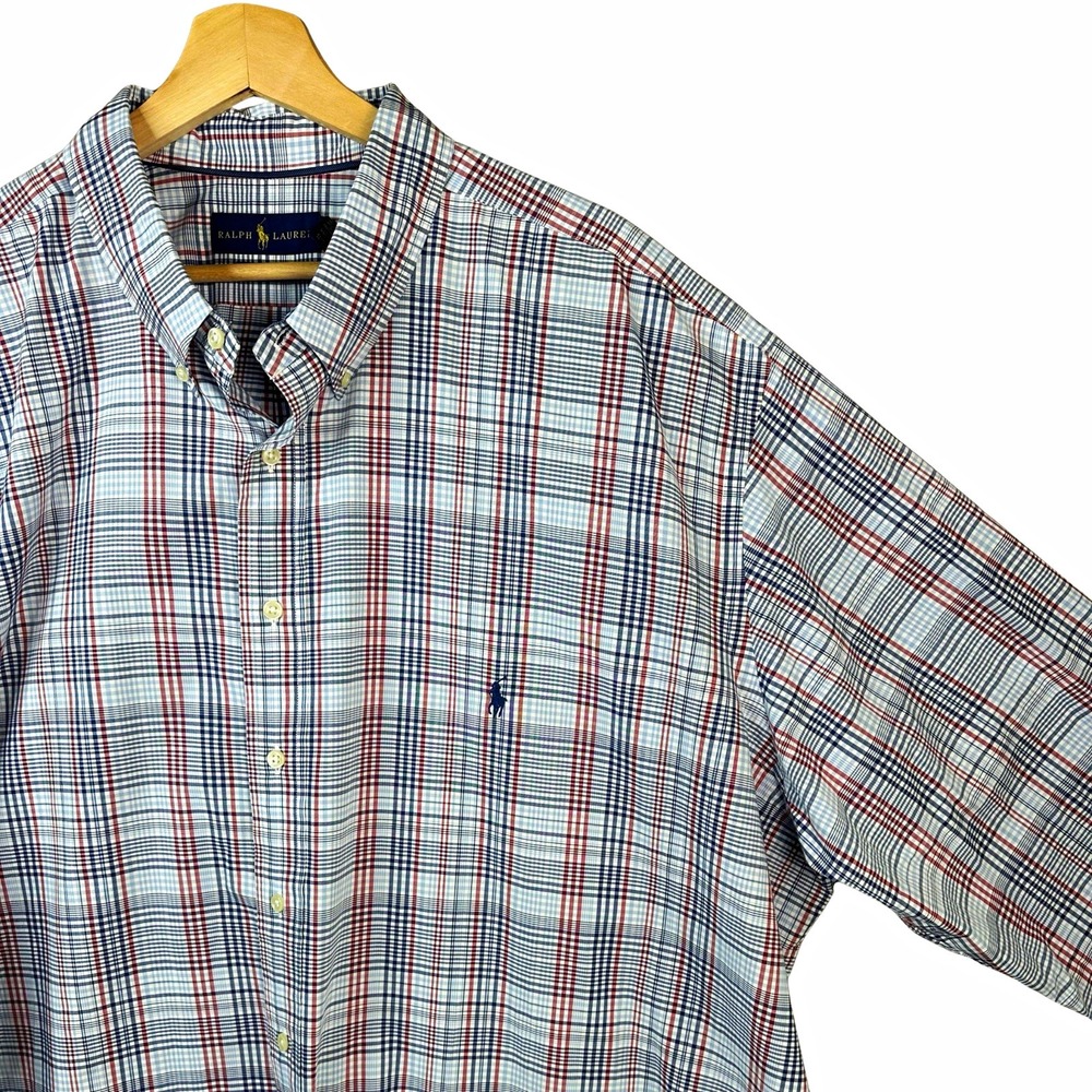 Ralph Lauren Men's 3XLT Blue Red White Plaid Polo Pony Button-Up Stretch Shirt